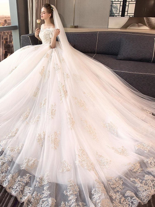 Amazon.com: Chokoluy Ball Gown Wedding Dress Elegant Princess Cap Sleeve  Applique Lace Bride Dress Bridal Gown (Color : White, Size : 10) :  Clothing, Shoes & Jewelry